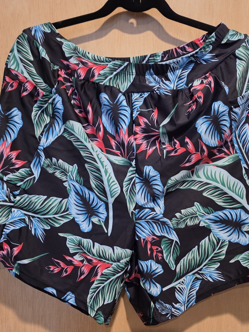 Women’s Black Tropical Print Bermuda Bathing Shorts with Blue & Green Floral